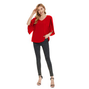 Women's Short Sleeve Button Down Loose Chiffon Blouses in Red