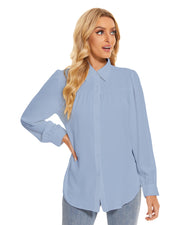 Womens Long Sleeve Bow Tie Neck Button Down Shirts in Blue