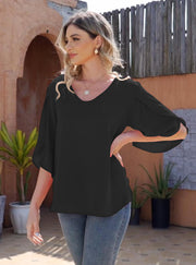 Women's Short Sleeve Loose Chiffon Blouses in Black