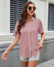 Women's Button Down Shirt Textured Chiffon Blouse Classic Collared Top Casual Work Office Blouse