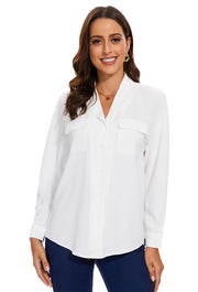 Womens Blouse & Button-Down Shirt with Pockets in White