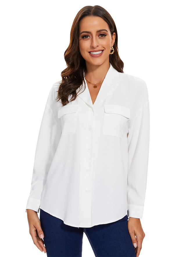 Womens Blouse & Button-Down Shirt with Pockets in White