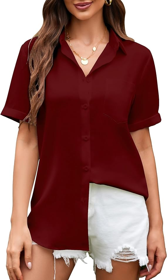 Blouse for Women Button Down Shirt V Neck Women Short Sleeve Tops Chiffon Work Office Blouse with Pocket