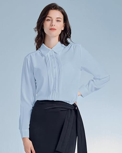 Womens Button Down Shirts Long Sleeve Casual Chiffon Blouses Loose Pleated Collared Work Office Tops