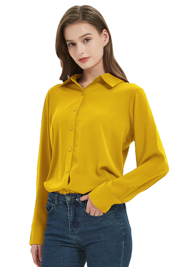 Women's Classic Long Sleeve Collared Chiffon Blouse in Yellow