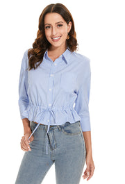 Women's Striped 3/4 Sleeve Button Down Shirts with Drawstring Waist in Blue