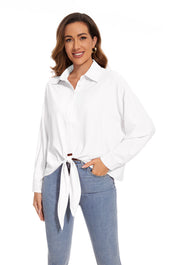 Womens Summer Tops Tie Knot Fashion Casual Button Down Blouses in White