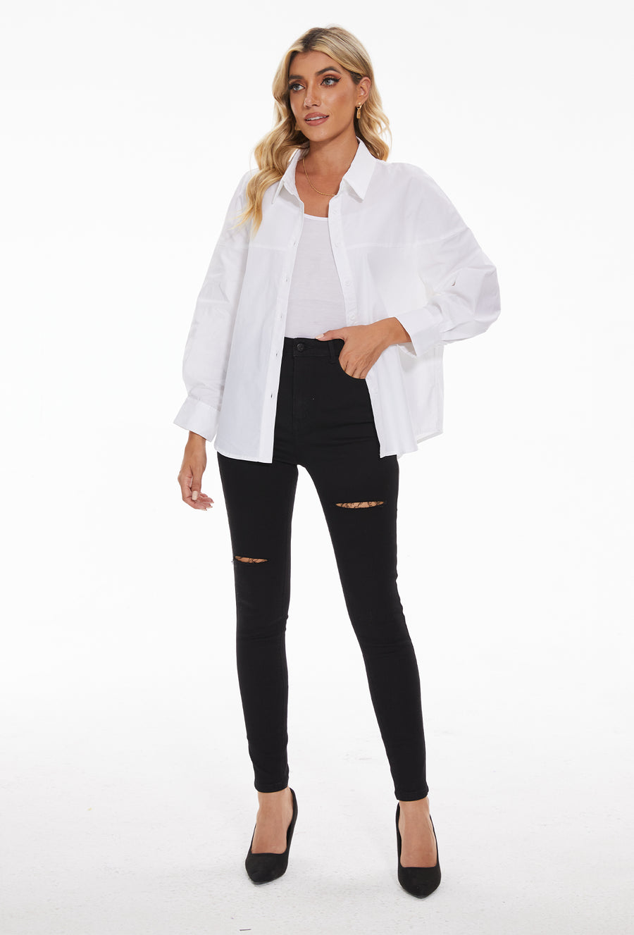 Women's lapel long sleeves Button Down Shirt in White