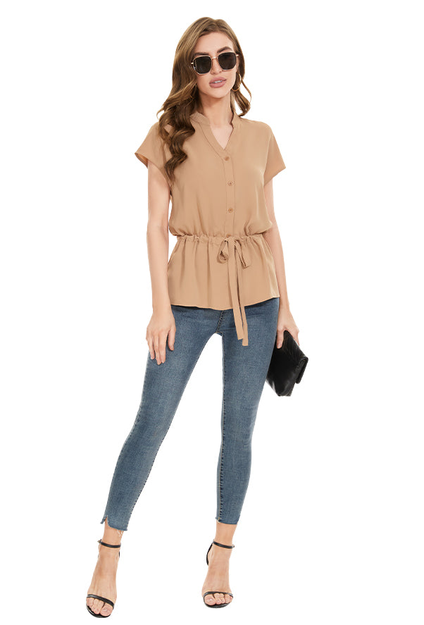 Womens Fashion Button Down Shirt Short Sleeve Blouses in Khaki