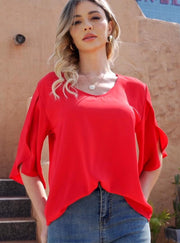 Women's Short Sleeve Button Down Loose Chiffon Blouses in Red