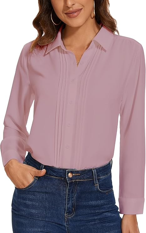 Womens Button Down Shirts Long Sleeve Casual Chiffon Blouses Loose Pleated Collared Work Office Tops