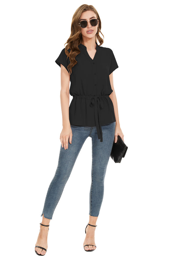 Womens Fashion Button Down Shirt Short Sleeve Blouses in Black