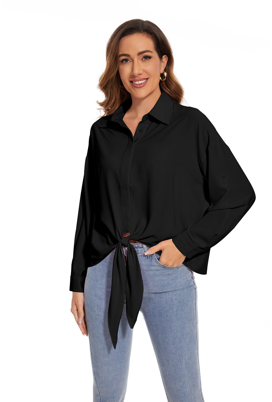 Womens Summer Tops Tie Knot Fashion Casual Button Down Blouses in Black