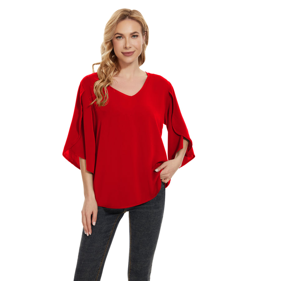 Women's Short Sleeve Button Down Loose Chiffon Blouses in Red