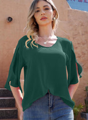 Women's Short Sleeve Button Down Loose Chiffon Blouses in Forest Green