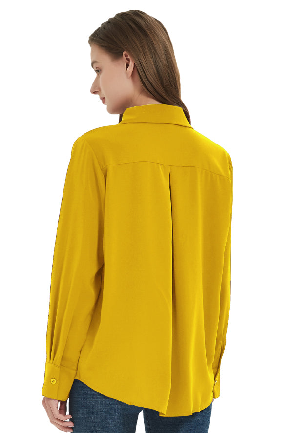 Women's Classic Long Sleeve Collared Chiffon Blouse in Yellow