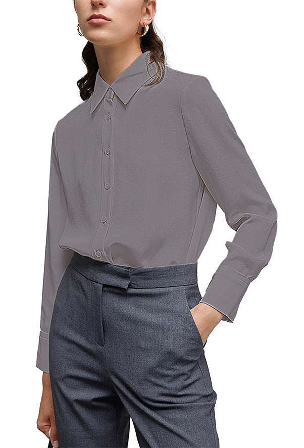 Women's Classic Long Sleeve Collared Chiffon Blouse in Grey