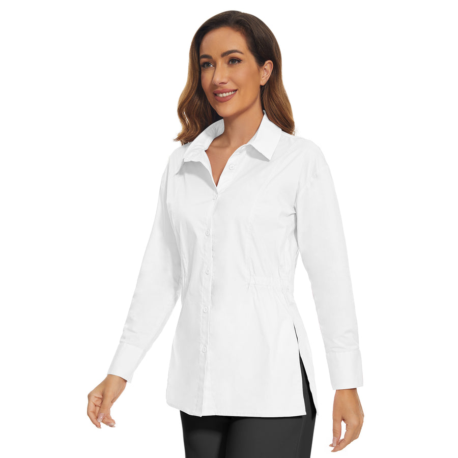 Women's Stretch Long Sleeve Button Down Collared Loose Fit in White