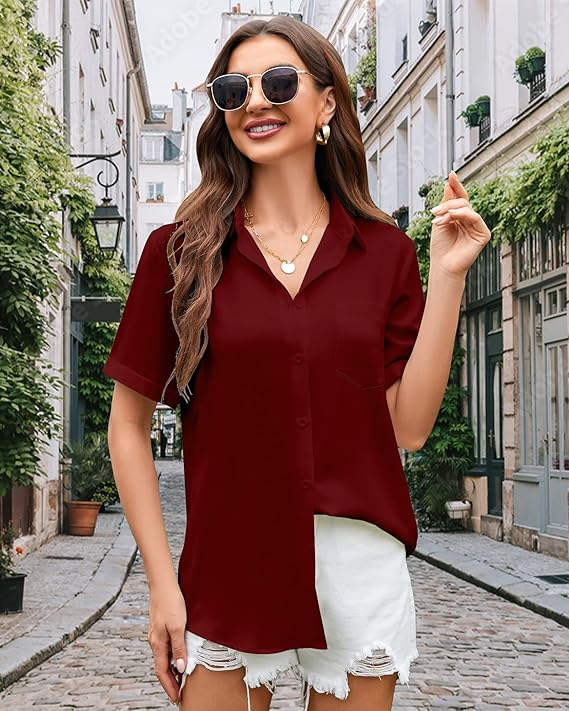 Blouse for Women Button Down Shirt V Neck Women Short Sleeve Tops Chiffon Work Office Blouse with Pocket