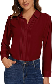 Womens Button Down Shirts Long Sleeve Casual Chiffon Blouses Loose Pleated Collared Work Office Tops