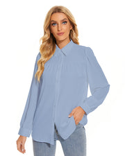 Womens Long Sleeve Bow Tie Neck Button Down Shirts in Blue