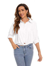 Womens Summer Tops Tie Knot Fashion Casual Button Down Blouses in White