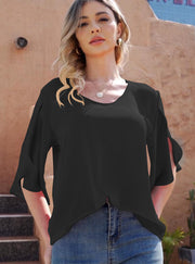 Women's Short Sleeve Loose Chiffon Blouses in Black