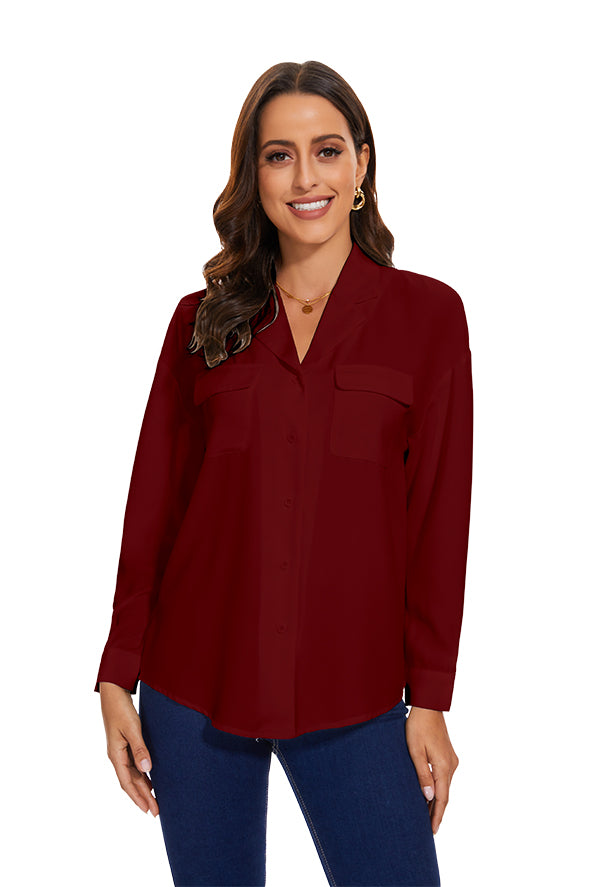 Womens Blouse & Button-Down Shirt with Pockets in Wine Red