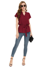 Womens Fashion Button Down Shirt Short Sleeve Blouses in Red