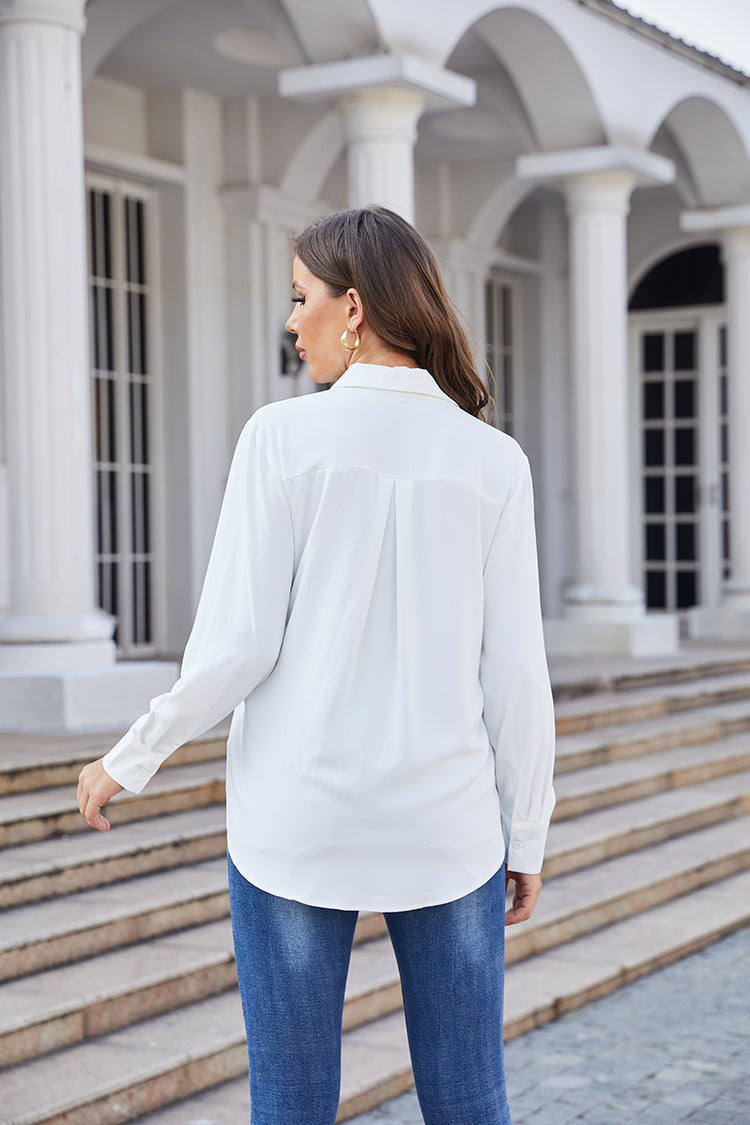 Women's Classic Long Sleeve Collared Chiffon Blouse in White