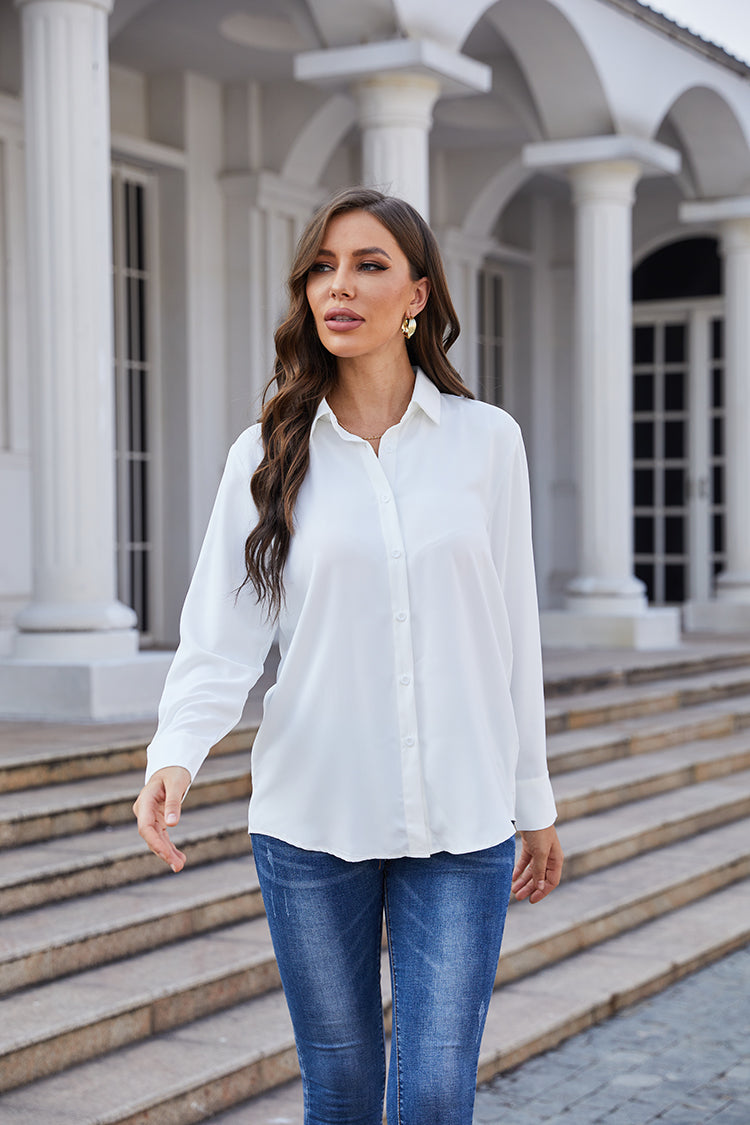 Women's Classic Long Sleeve Collared Chiffon Blouse in White