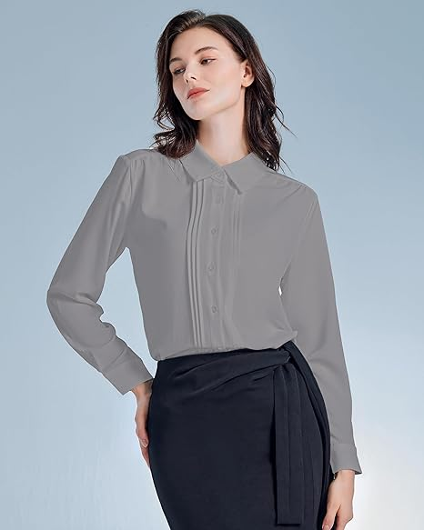 Womens Button Down Shirts Long Sleeve Casual Chiffon Blouses Loose Pleated Collared Work Office Tops