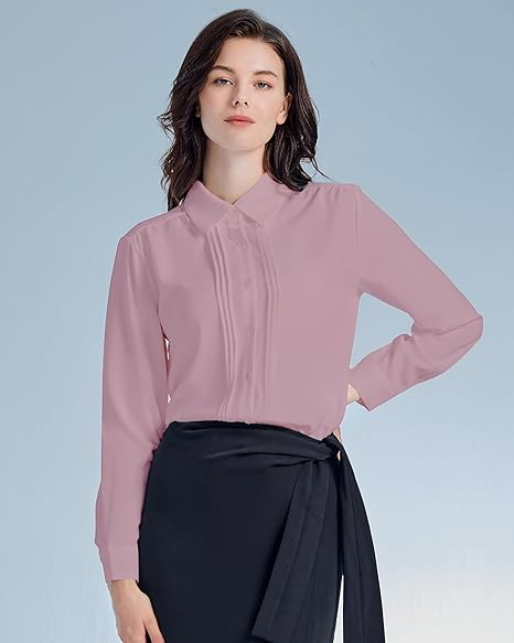 Womens Button Down Shirts Long Sleeve Casual Chiffon Blouses Loose Pleated Collared Work Office Tops