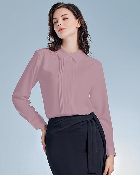 Womens Button Down Shirts Long Sleeve Casual Chiffon Blouses Loose Pleated Collared Work Office Tops