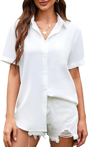 Blouse for Women Button Down Shirt V Neck Women Short Sleeve Tops Chiffon Work Office Blouse with Pocket