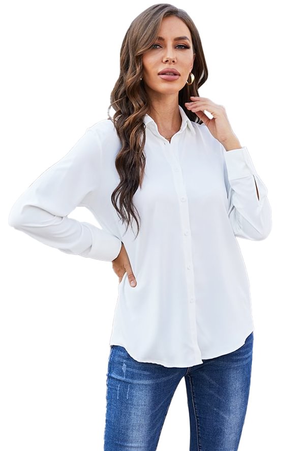 Women's Classic Long Sleeve Collared Chiffon Blouse in White