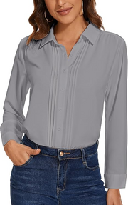 Womens Button Down Shirts Long Sleeve Casual Chiffon Blouses Loose Pleated Collared Work Office Tops