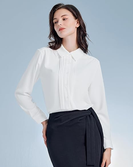 Womens Button Down Shirts Long Sleeve Casual Chiffon Blouses Loose Pleated Collared Work Office Tops