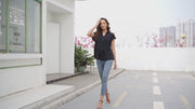 Womens Fashion Button Down Shirt Short Sleeve Blouses in Black